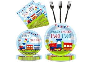 QYEAHKJ 100 PCS Chugga Chugga Two Two Party Supplies Set Train Plates and Napkins 2nd Birthday Party Tableware Packs Decorations Transportation Disposable Paper Plates Napkins Forks For Kids Serve 25