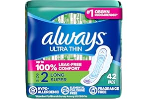 Always Ultra Thin Feminine Pads with Wings for Women, Size 2, Long Super Absorbency, Unscented, 42 Count