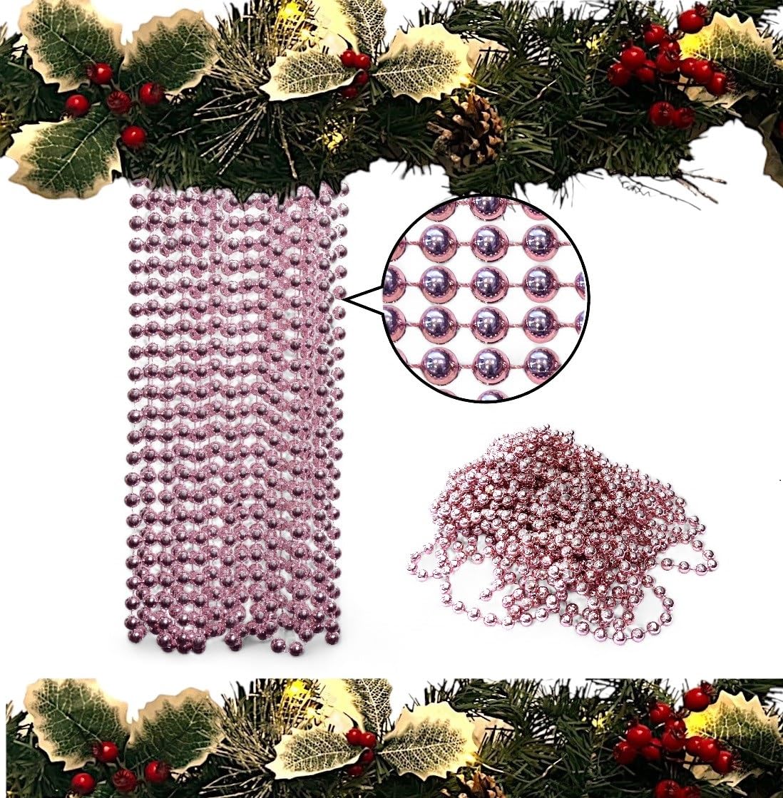 Luxury Christmas Tree & Room Decoration - 10m Long Bead Chain with 8mm Beads (Blush Pink)
