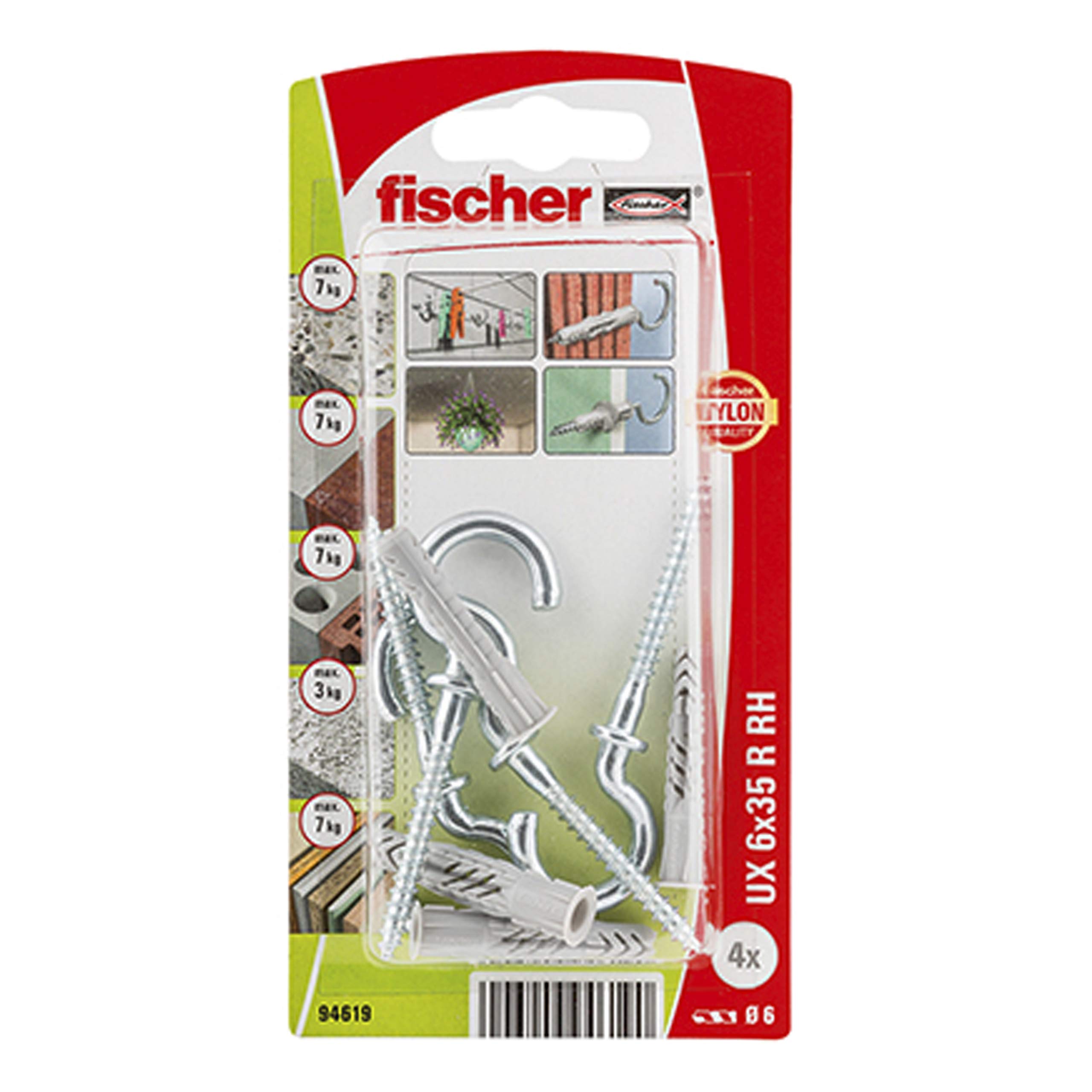 fischer Universal Plug UX 6 x 35 mm RHK NV Plug and Hook, 94619