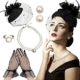 BACH AND BOUJEE 7Pcs Tea Party Hats for Women Lace Gloves Set Fascinators Hat with Veil Feather Tea Party Accessories Wedding