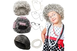 Ceenna 9 Pcs 100 Days of School Old Lady Costume for Women Kids Grandma Wig Granny Glasses and Retainer Chain Pearl Necklace Halloween Decor(Classic Style, null)