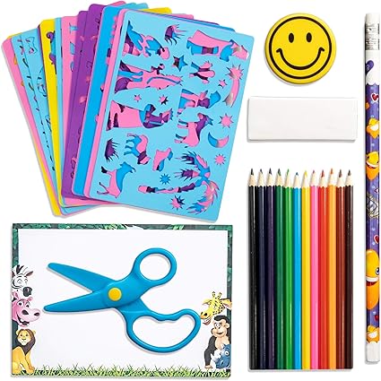 Amazon Com Drawing Stencils For Kids Boys And Girls Arts And Crafts 43 Piece Sturdy Art Set For Kids Includes 14 Kids Stencils 12 Color Pencils 1 Writing Pencil Paper Eraser Plastic Scissors Carrying Case Toys