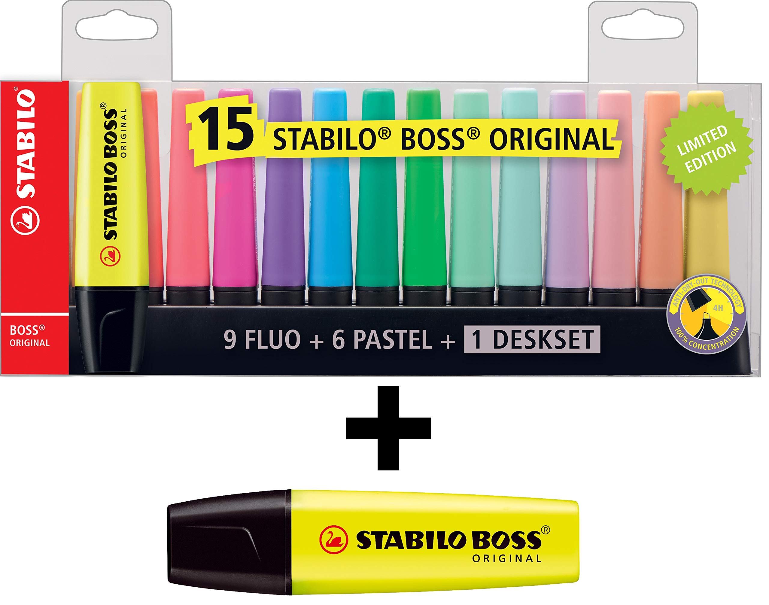 Stabilo Textmarker BOSS ORIGINAL - 15er Tischset - 9 Leuchtfarben, 6 Pastellfarben (15+1 Tischset)