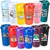 FillTouch 12 Pcs Book Lovers Gifts Bulk, 16oz Library Reading Theme Coffee Cups with Lids, Book Club Appreciation Gifts for Bookish Teacher Students Employee (Multicolored)