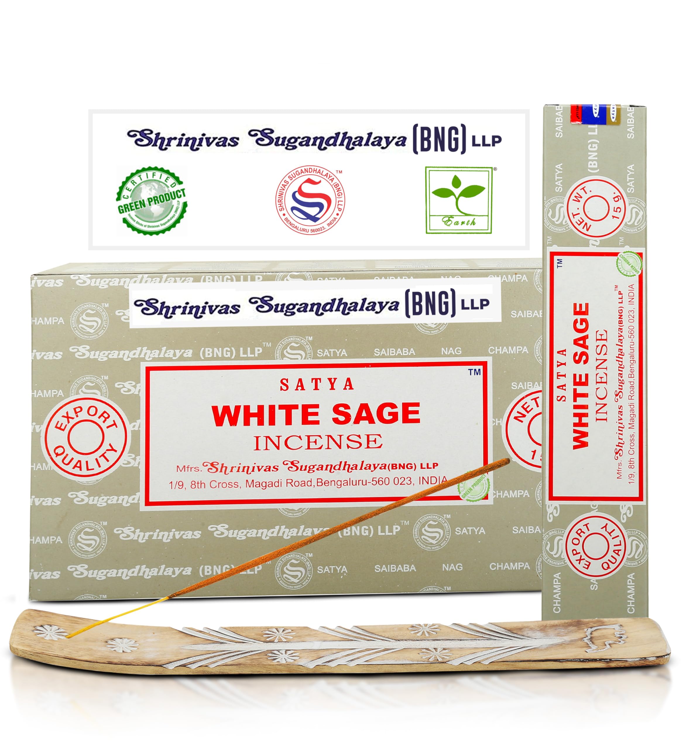 Satya Nag Champa White Sage Incense Sticks, SatyaBng (Bangalore) Insenses 15gmx12 Pack with Raajsee Insence Holder Bundle, Nag Champa Natural Incense