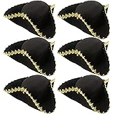 SGBETTER 6 Pack Pirate Tricorn Hats Black Buccaneer Hat with Gold Trimming Pirate Captain Hat for Halloween Dress-up Party Supplies
