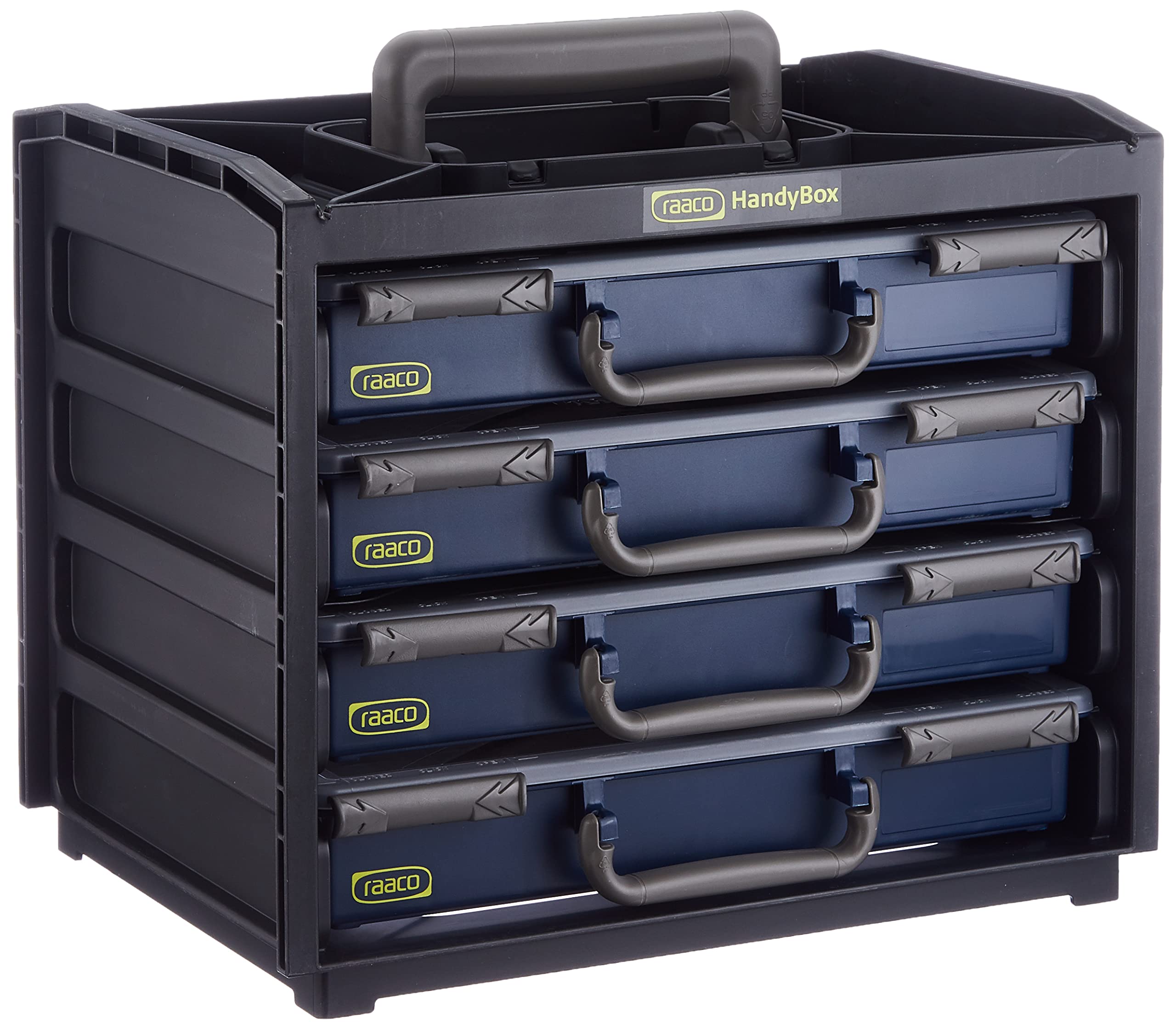 raaco 136242 HandyBox 55 a lightweight robust portable storage unit comes with 4 Raaco Assorter 55 service assorter 55 cases are fitted with sliding locks and removable compartments