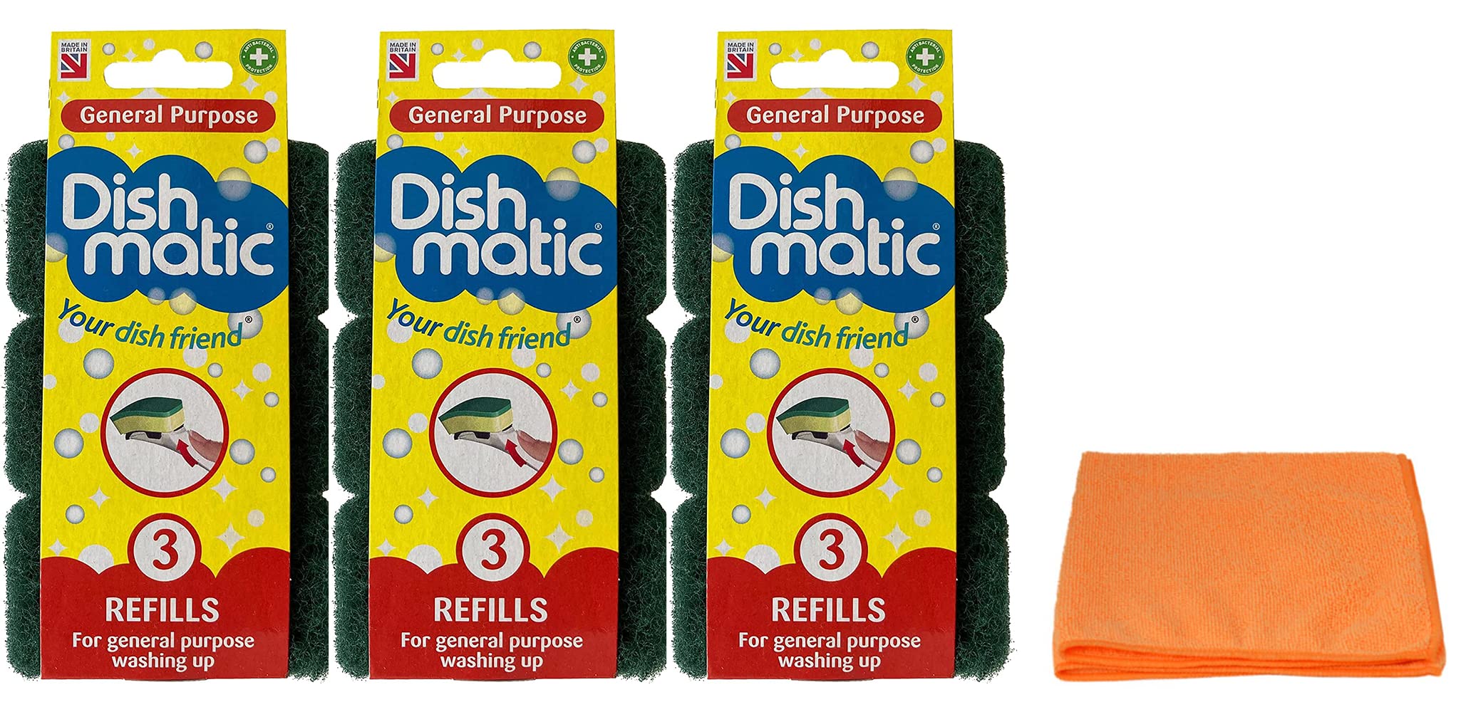 9X Fillable Washing Up Brush Refills (3 X 3 Refills) - General Purpose Brush Refills - with Ultra Absorbent Microfibre Cleaning Cloth