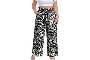 OLRIK Women's Plus Size Pants Adjustable High Waist Wide Leg Palazzo Casual Trousers with Pockets Fall Outfit Clothing