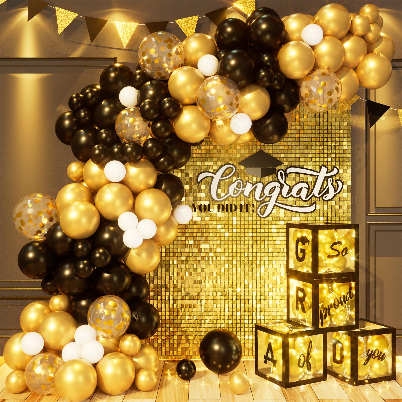 Photo 1 of 2025 Graduation Party Decorations 132Pcs Black Gold Balloons Garland Arch Kit, Graduation Balloon Boxes with Light Strings for College High School Grad Party Supplies