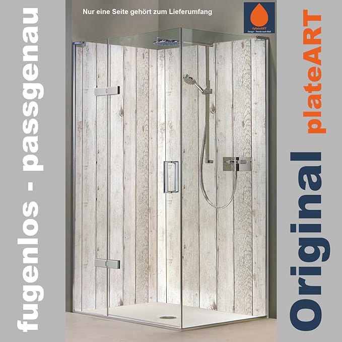 ORIGINAL plateART Rückwand Dusche Alu OHNE FUGEN, Eck-Duschrückwand Fliesenspiegel Fliesenersatz, Holz-Motiv Holz-Optik weiße