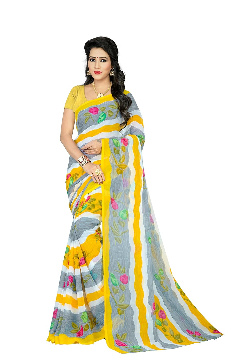 jaanvi fashion women's chiffon floral printed saree (yellow)