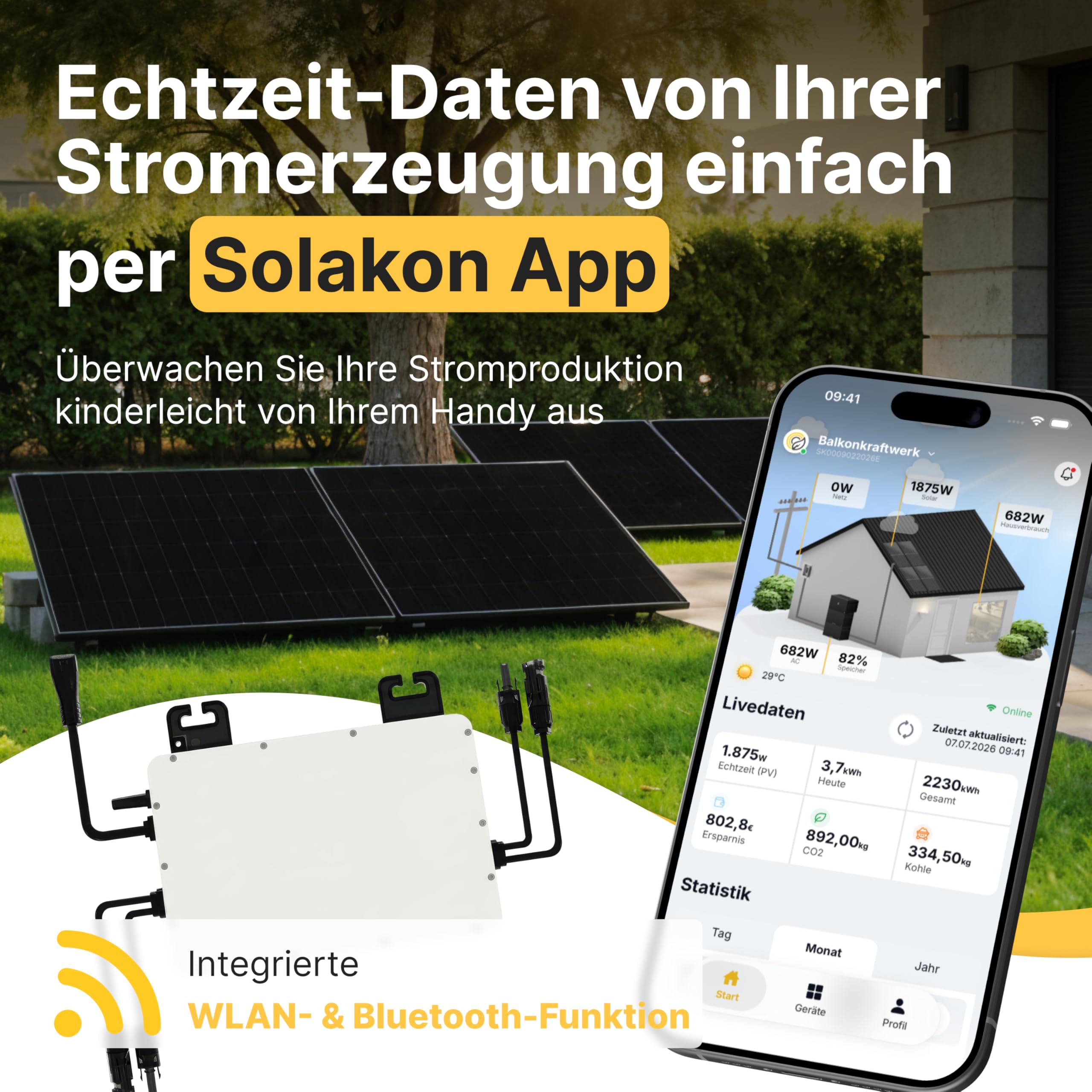 Solakon 900W Balkonkraftwerk - Balkonkraftwerk 800W komplett Steckdose - neuester 800 Watt Wechselrichter - Solaranlage Komplettset - 450W bifaziale Solarmodule inkl Zubehör - 5m Kabel, Ohne Halterung 2
