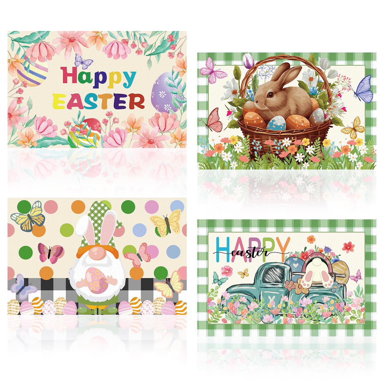 Easter Bunny Rabbit Placemats Set of 4, Seasonal linen Bunny Gnomes Eggs Easter Placemats Happy Easter Placemats Farmhouse Indoor Kitchen Dining Table Decoration for Home Party,12x18In