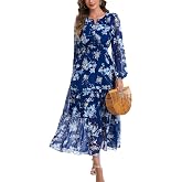 Kormei Women's Floral Long Sleeve Maxi Dress V Neck Flowy Wedding Guest | Empire Waist Swing Flowy A Line, Baby Shower, Casua