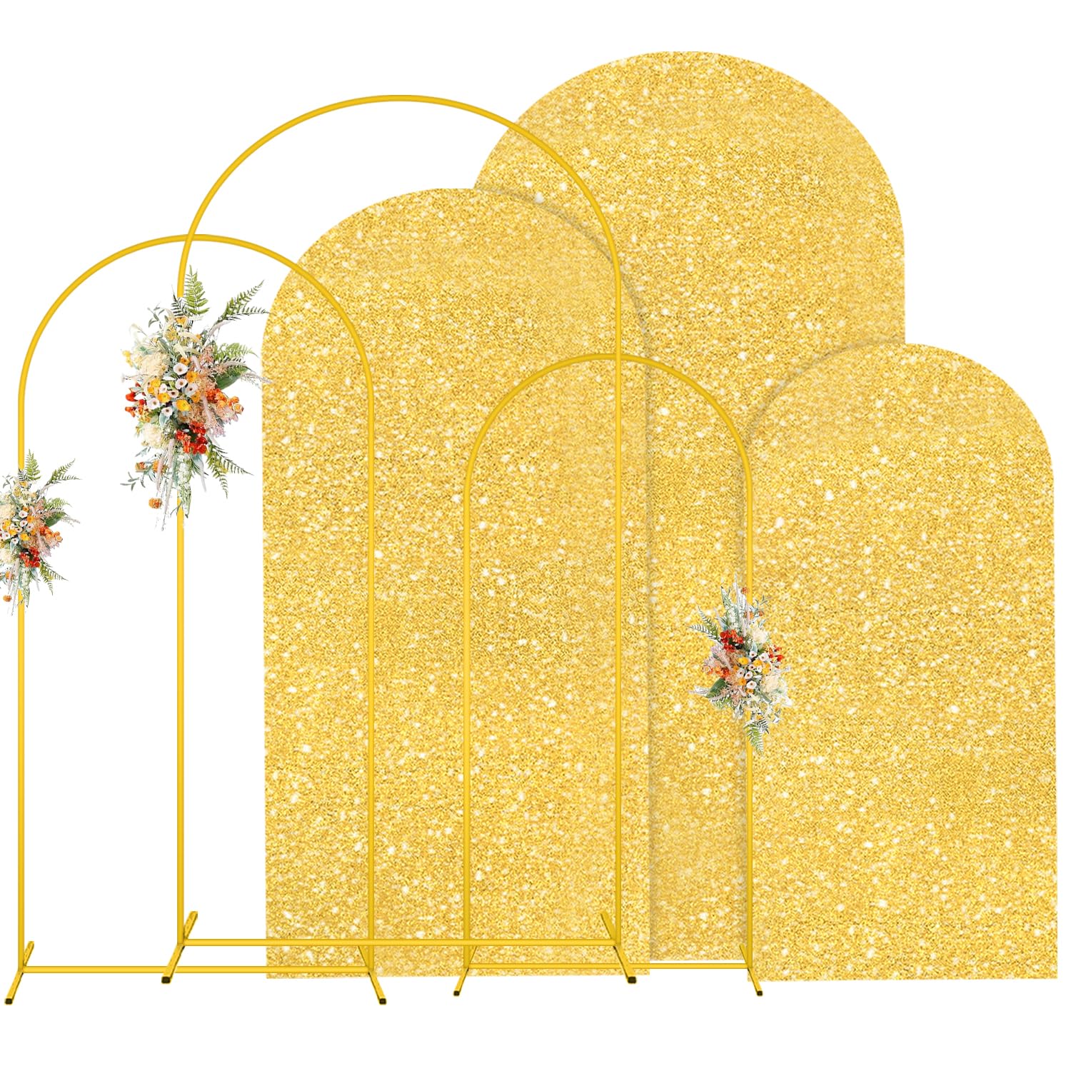 Photo 1 of MODFUNS Arch Backdrop Stand and Cover Set 4&5&6ft Gold Sequin Arch Stand Cover Metal Arch Frame Vintage Backdrop Stands for Baby Shower Birthday Party Ceremony Decoration