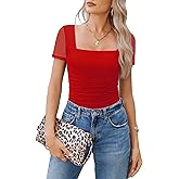 Avidlove Women's Short Sleeve Bodysuit Square Neck Sheer Mesh Bodysuit Leotard Ruched Thong Body Date Outfits Going Out Tops