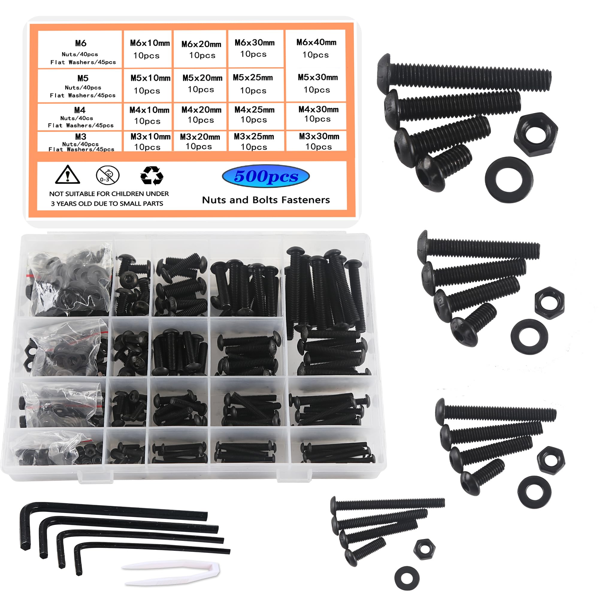 HVDHYY Nut and Bolt Set M3 M4 M5 M6 Black Button Head Machine Screws & Nuts & Washers Assortment kit Hex Socket With a Reusable Storage Box 4 Hex Wrenches 500pcs