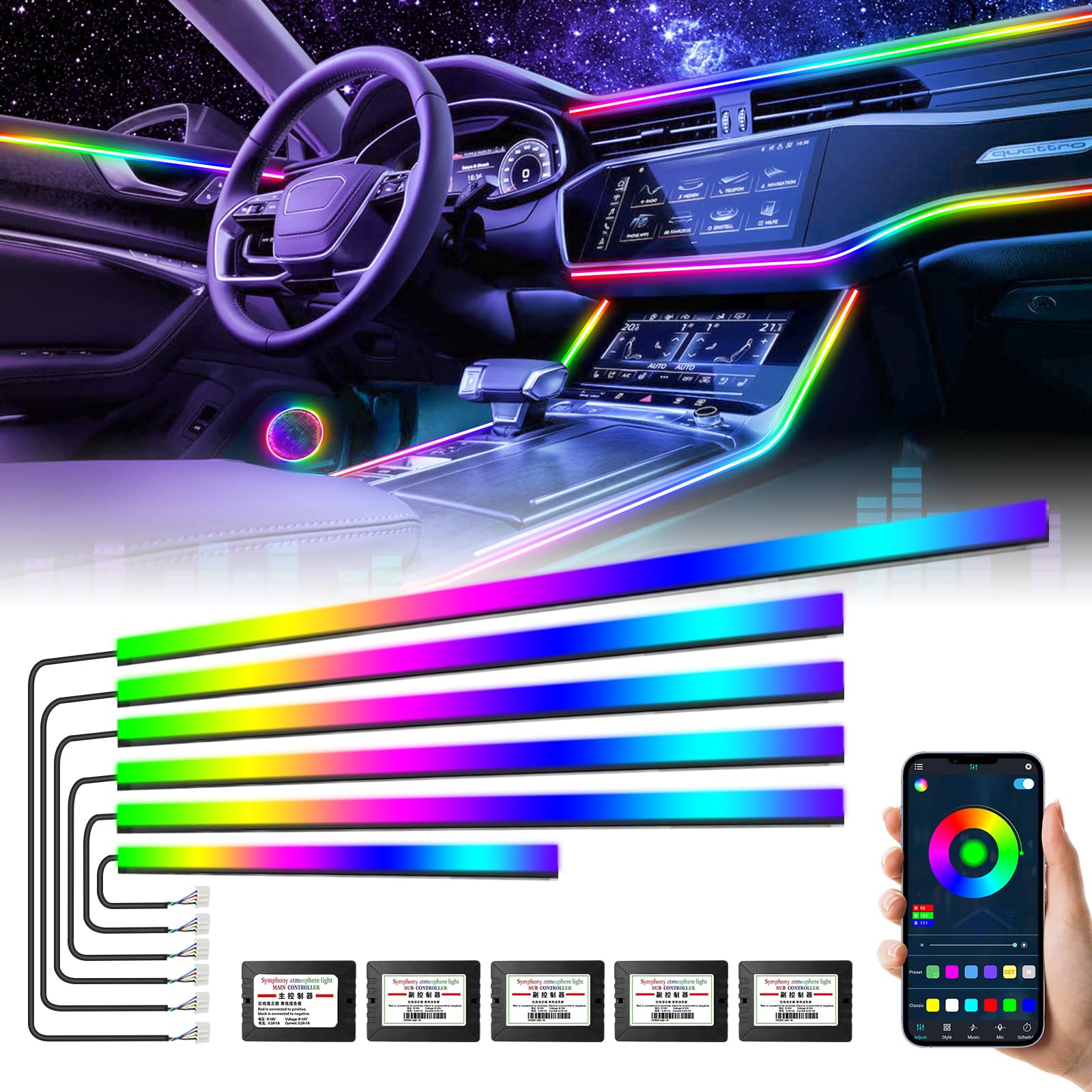 Photo 1 of Dreamcolor Acrylic Interior Car Lights, AMKI Car LED Strip Light with Bluetooth APP, Car Ambient Lighting Kit with RGB 6 in 1 and 175 inches 593 LEDs, 16 Million Colors Sound Activated Car Neon Lights