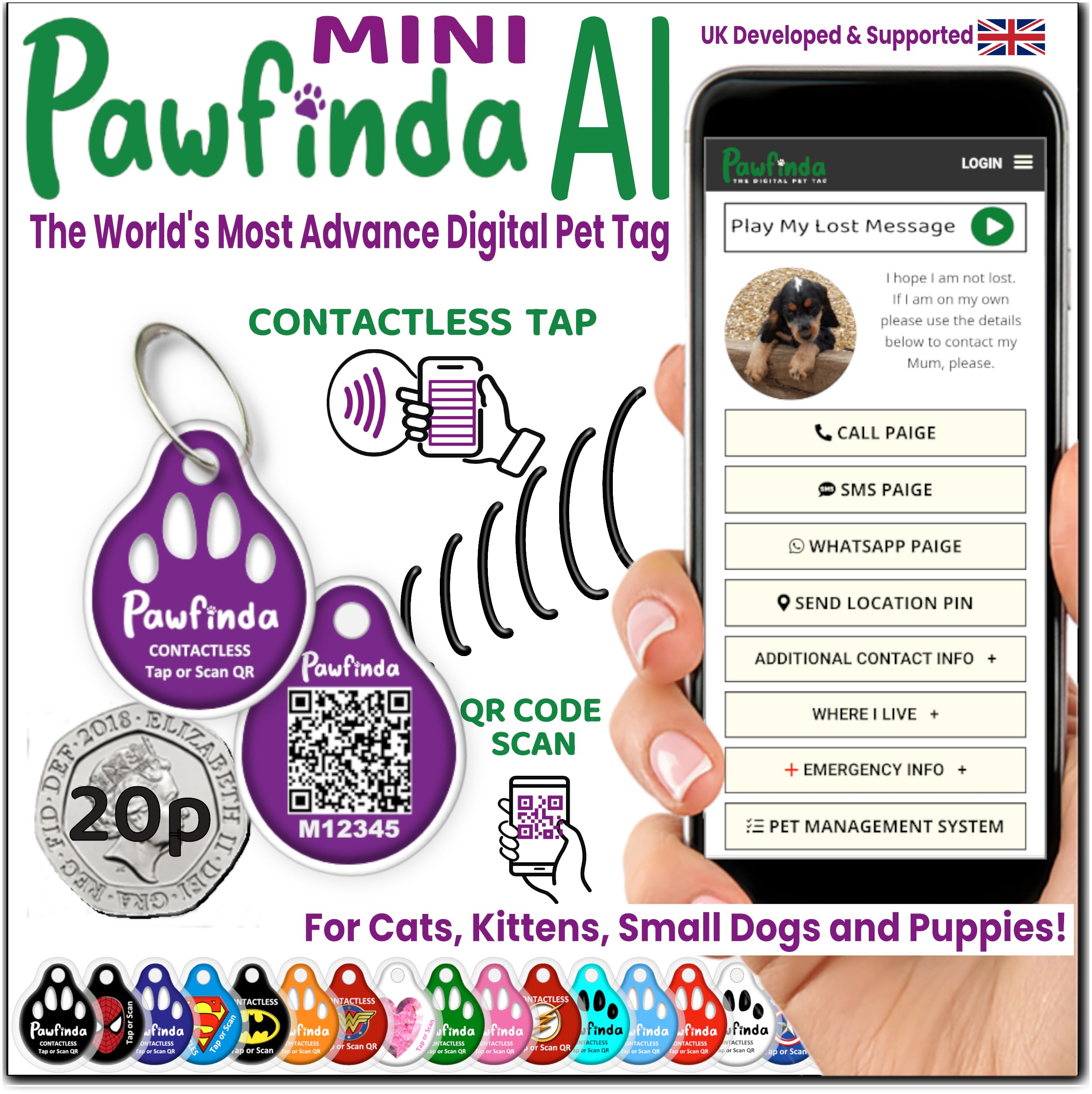PAWFINDA – Next Generation AI Digital Personalised Cat Dog Pet Engraved ID Tag with CONTACTLESS NFC and QR Code Technology Now with PawVoice AI. UK Developed, Designed, and Supported. (Purple)
