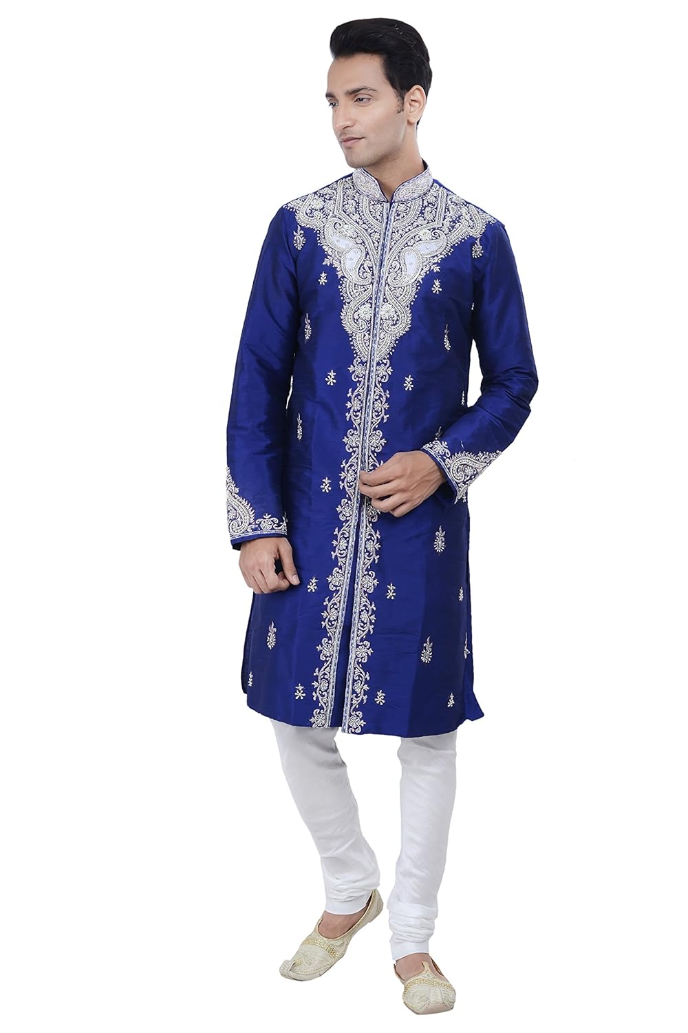 ethnic indian design royal blue kurta sherwani for men 2pc suit