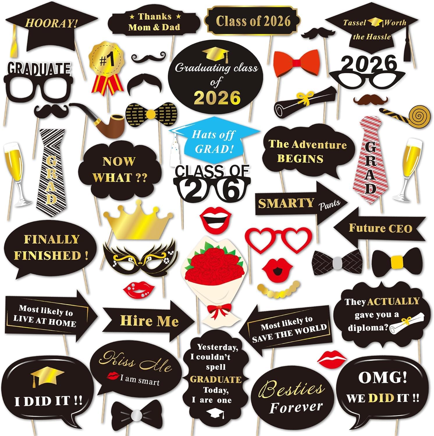 HOWAF 50pcs Graduation Photo Booth Props Class of 2026 Glasses Moustache Mask Red Lips Bow Ties On Sticks for Graduation Party Decorations Favors Supplies