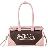 Von Dutch Lane Shoulder Bag | 12.75&rdquo; Two-Tone Vegan Leather | Denim Handbag with Logo Detail, Long Handles &amp; Branded Lining
