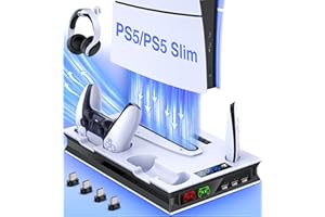 CATZARMOR PS5 Slim Stand and Cooling Station with Dual Controller Charging for PlayStation 5 Slim Digital Disc Edition, PS5 Console Accessories Vertical Stand with Headset Holder, 3 USB Hub, Cable