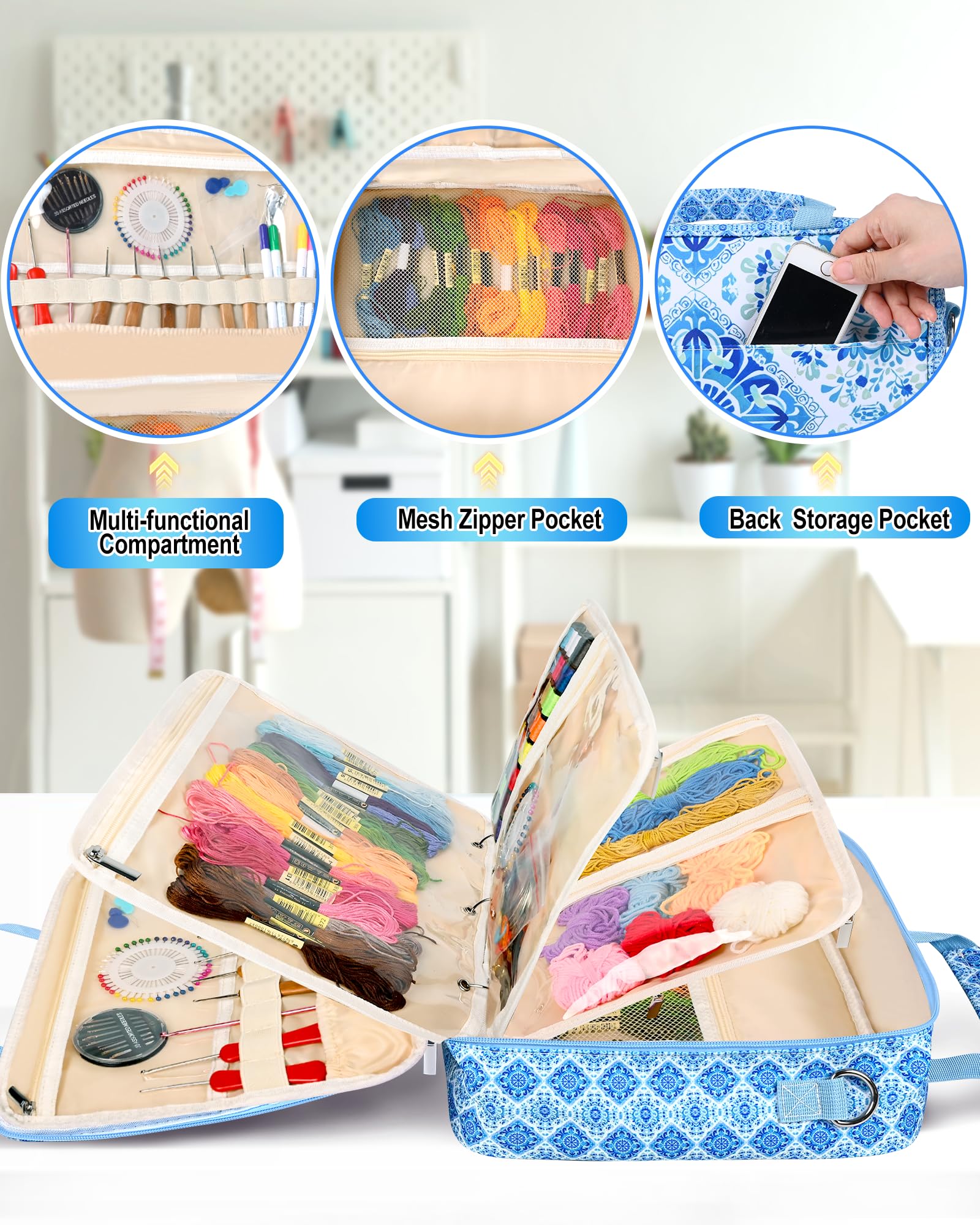 Telawsfun Craft and Sewing Supplies Storage Bag with Removable Binder, Large Capacity Travel Organizer Tote With Multi Pocket for Sewing Tools and Accessories (Blue Floral)