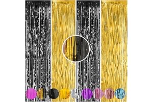 WUYUEJXI 4 Pack Black and Gold Foil Fringe Backdrop Curtains,3.3 x 9.9 ft Door Streamers ，Black and Gold Backdrop Curtains ，Tinsel Streamers for Birthday Party Decorations ，New Year's Party Decoration