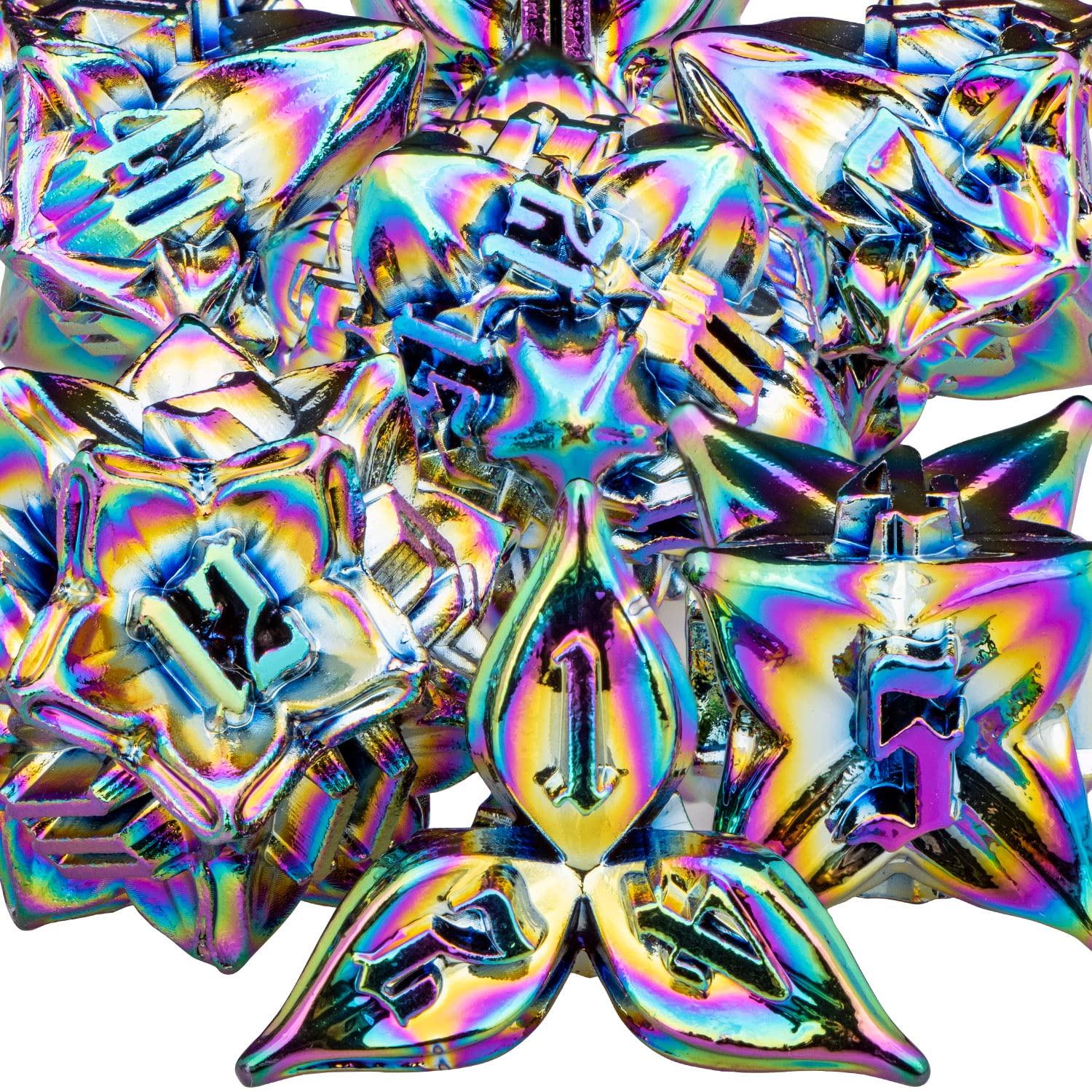 ARUOHHA DND Metal Dice Set Rainbow Leaf Design Polyhedral Dragons Dice with Box, 7PCS Dungeons D and D Dice RPG Role Playing Games D20 D12 D10 D8 D6