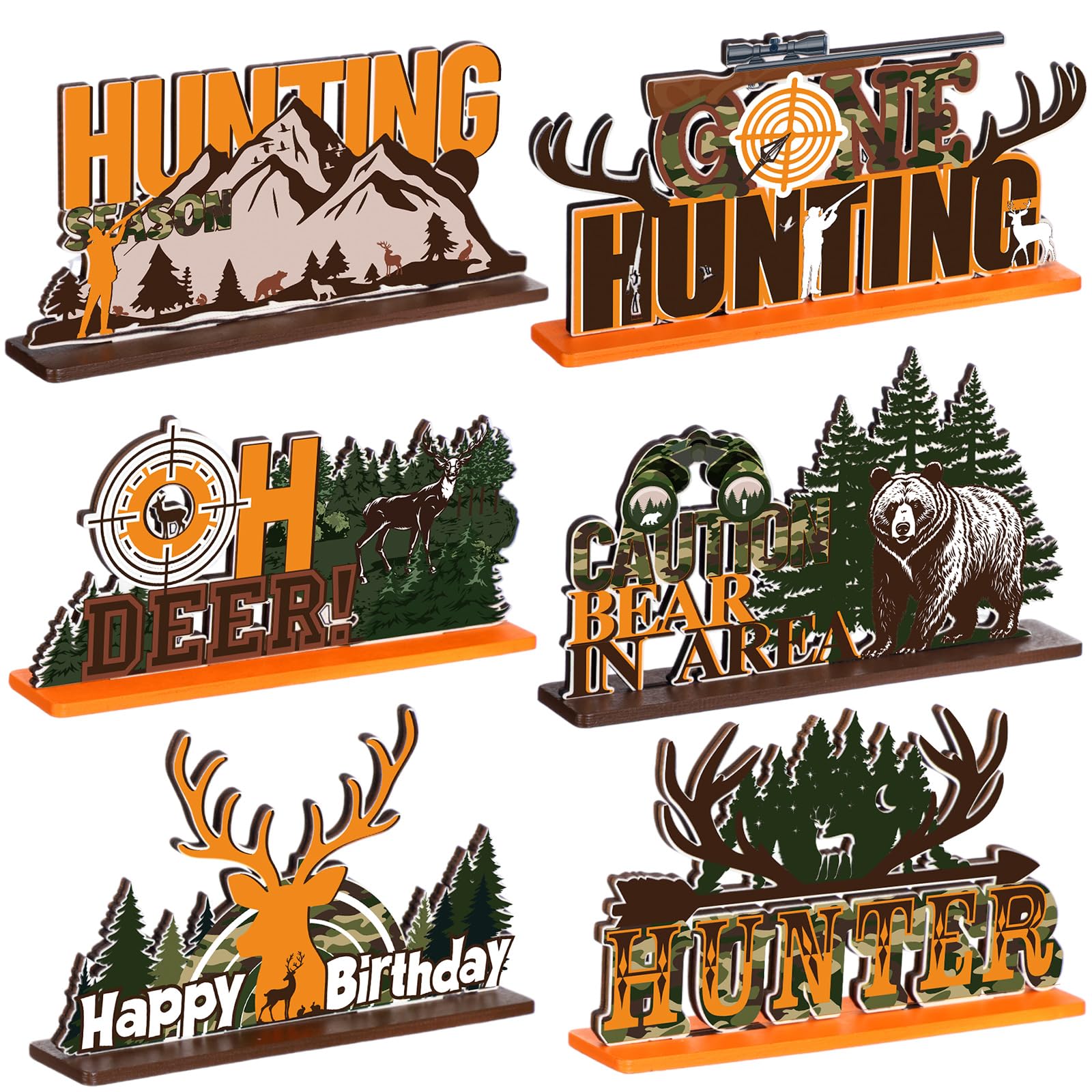 Photo 1 of Wonderjune 6 Pieces Hunting Birthday Party Table Decoration Camo Deer Hunting Birthday Decorations Hunting Wooden Centerpieces Camo Birthday Table Signs Decor for Gone Hunting Party Supplies