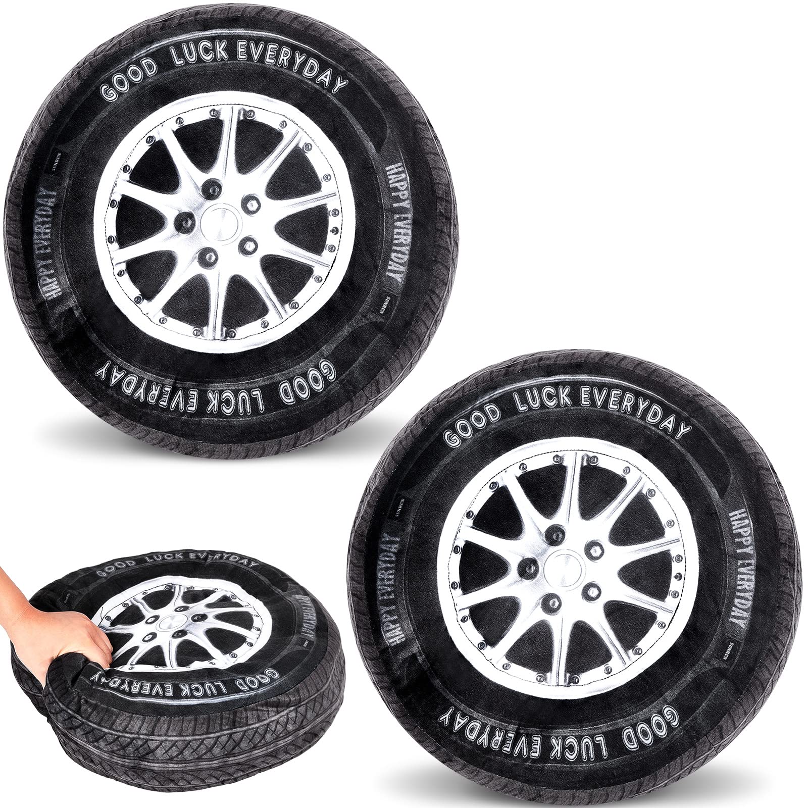 Photo 1 of ***PARTIAL SET-- PRICE ADJUSTED*** Meooeck 2 Pcs 15.7 Inch 3D Simulation Wheel Plush Pillow Car Tire Big Soft Chunky Tire Pillow Wheel Sofa Seat Toy for Boys Funny Bedroom Decor Race Car Party Gift (Classical)