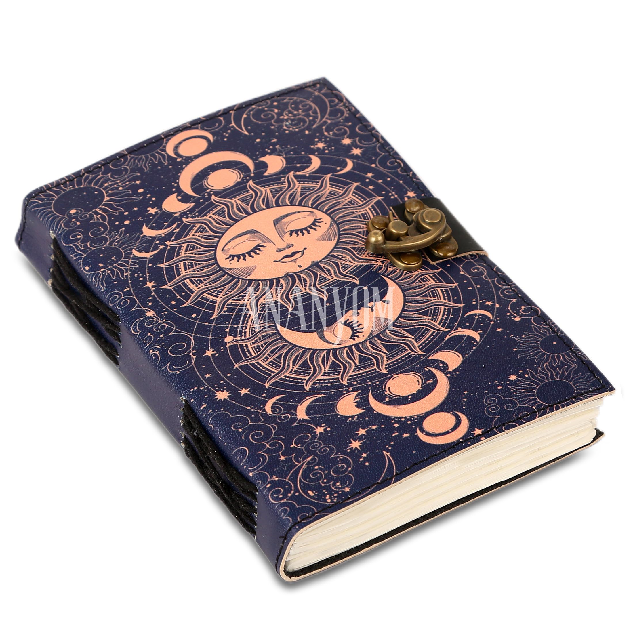 ANANYOM Handmade Leather Journal,Royal Blue,Sun & Moon Vintage Leather Notebook Diary Sketchbook,Brass Clasp Lock Journal for Men & Women, Journal Handmade Unruled 200 Pages, Size 8 (L) x 6 (W) inches