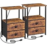 LOAKEKEL Night Stand, Nightstands Set of 2 with Charging Station | Bed Side Table with 2 Fabric Drawers for Bedroom, End Tables with Storage Shelf for Small Spaces, Rustic Brown