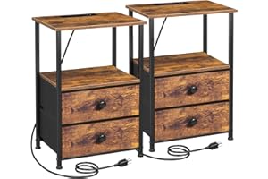 LOAKEKEL Night Stand Set 2, Nightstand with Charging Station, End Tables with Storage Shelf for Small Spaces, Bedside Table Side Tables with 2 Fabric Drawers for Bedroom, Rustic Brown, HETS020PBR