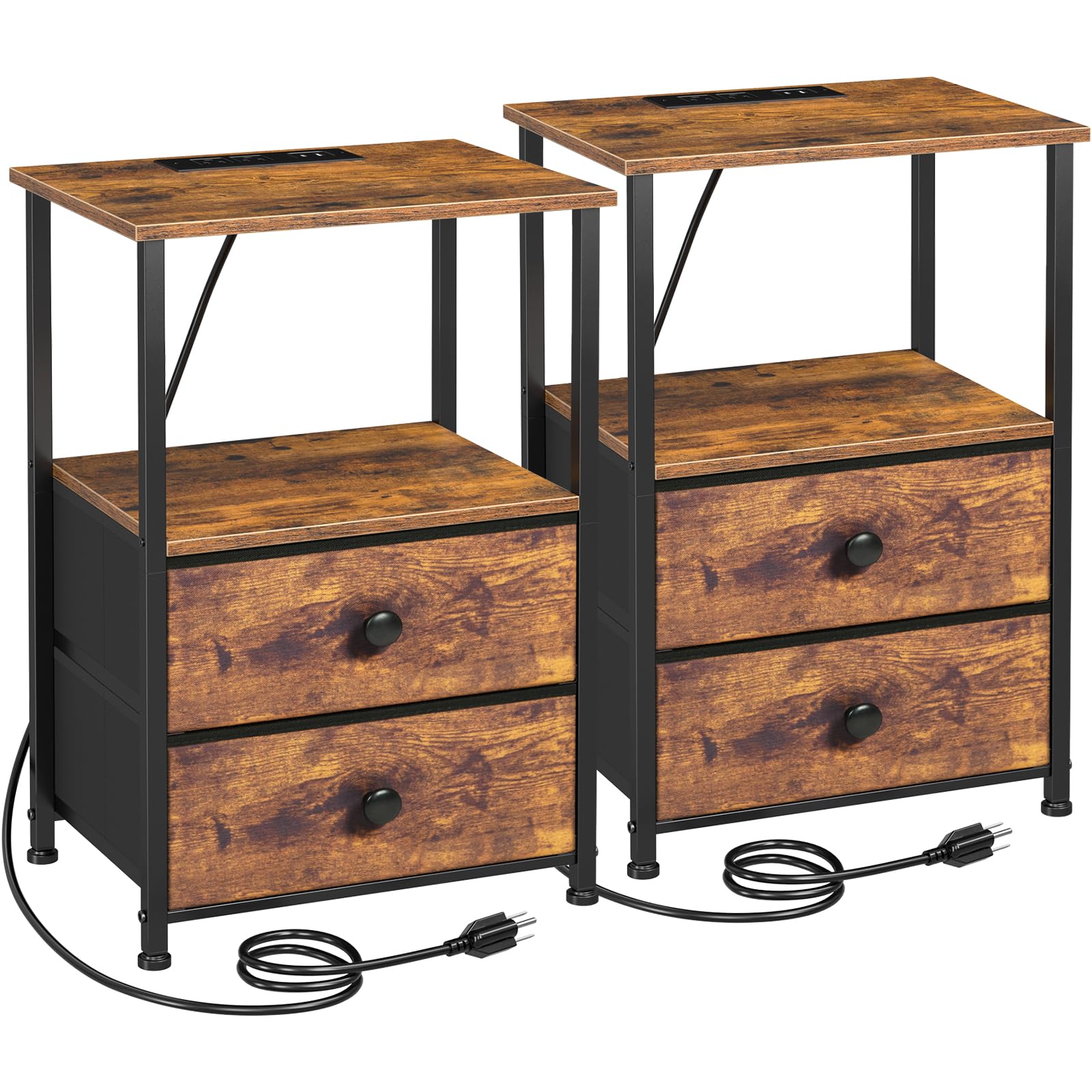 Photo 1 of LOAKEKEL Night Stand Set 2, Nightstand with Charging Station, End Tables with Storage Shelf for Small Spaces, Bedside Table Side Tables with 2 Fabric Drawers for Bedroom, Rustic Brown, HETS020PBR