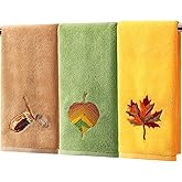 Hahafelt 3 Pcs Fall Hand Towels 100% Cotton 14"x29" Autumn Decorative Bathroom Towels Set Leaf Acorn Embroidered Kitchen Towel Thanksgiving Day