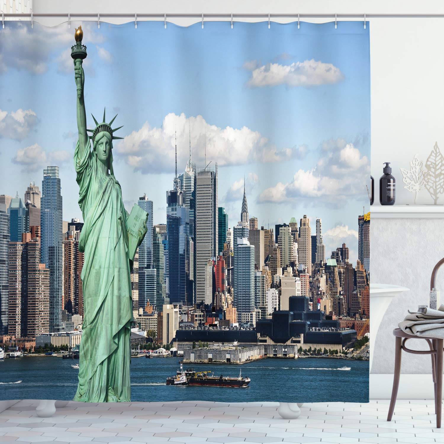 ABAKUHAUS New York Shower Curtain, Liberty in NYC Harbor Urban City Print Famous Cultural Landmark Picture, Cloth Fabric Bathroom Decor Set with Hooks, 175 x 220 cm, Mint Blue