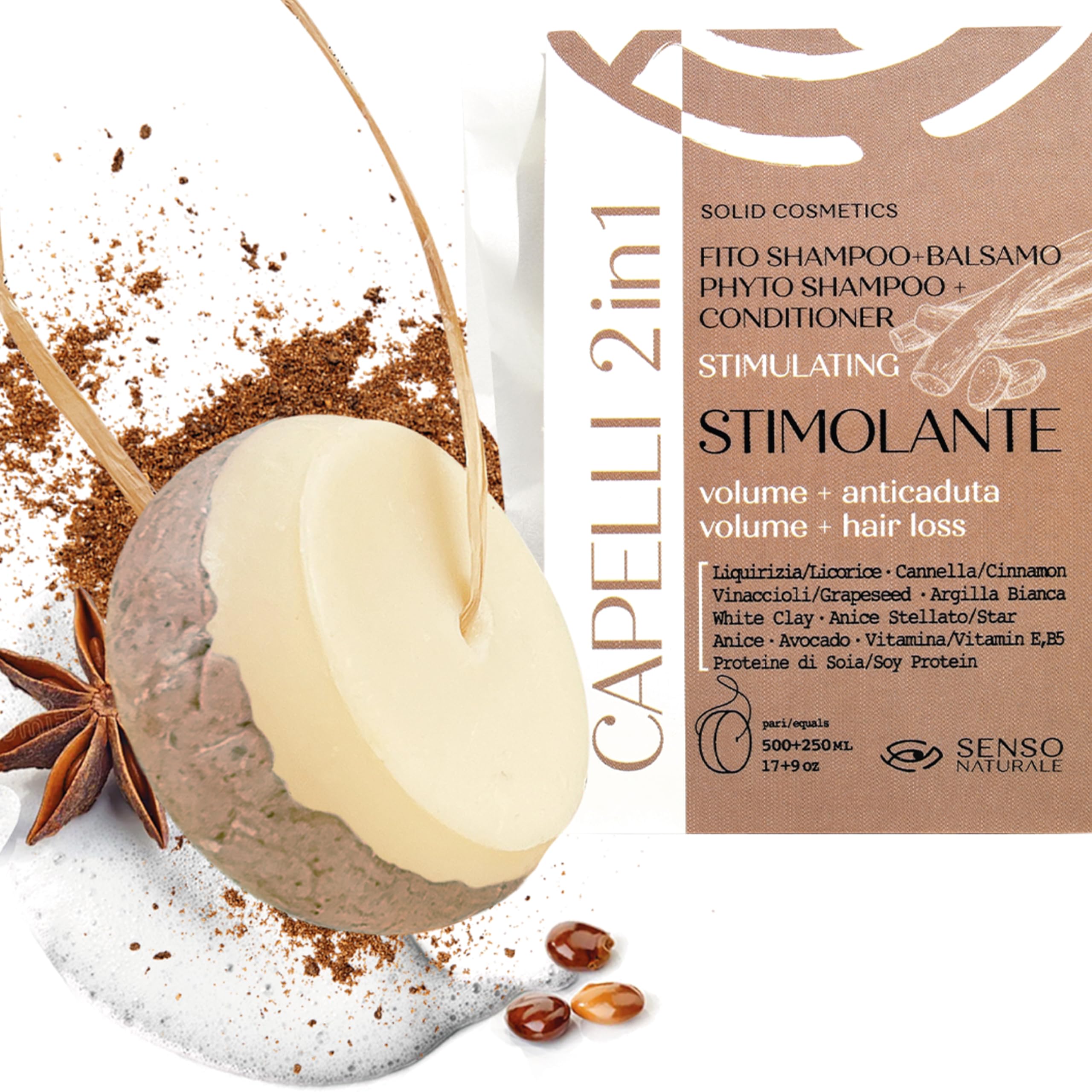 Senso Naturale Solid Shampoo and Conditioner 2 in 1 Stimulating and Anti-Fall for Weak Hair, Anti-Thinning Growth Stimulating, 100% Natural and Organic, PH 4.5-5.5