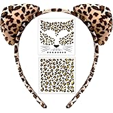 akiido Cheetah Leopard Ears Headband & Face Stickers Tattoos Set- Leopard Print Cat Ears Headband for Cheetah Costume Women Adult, Halloween Cosplay Party Accessories