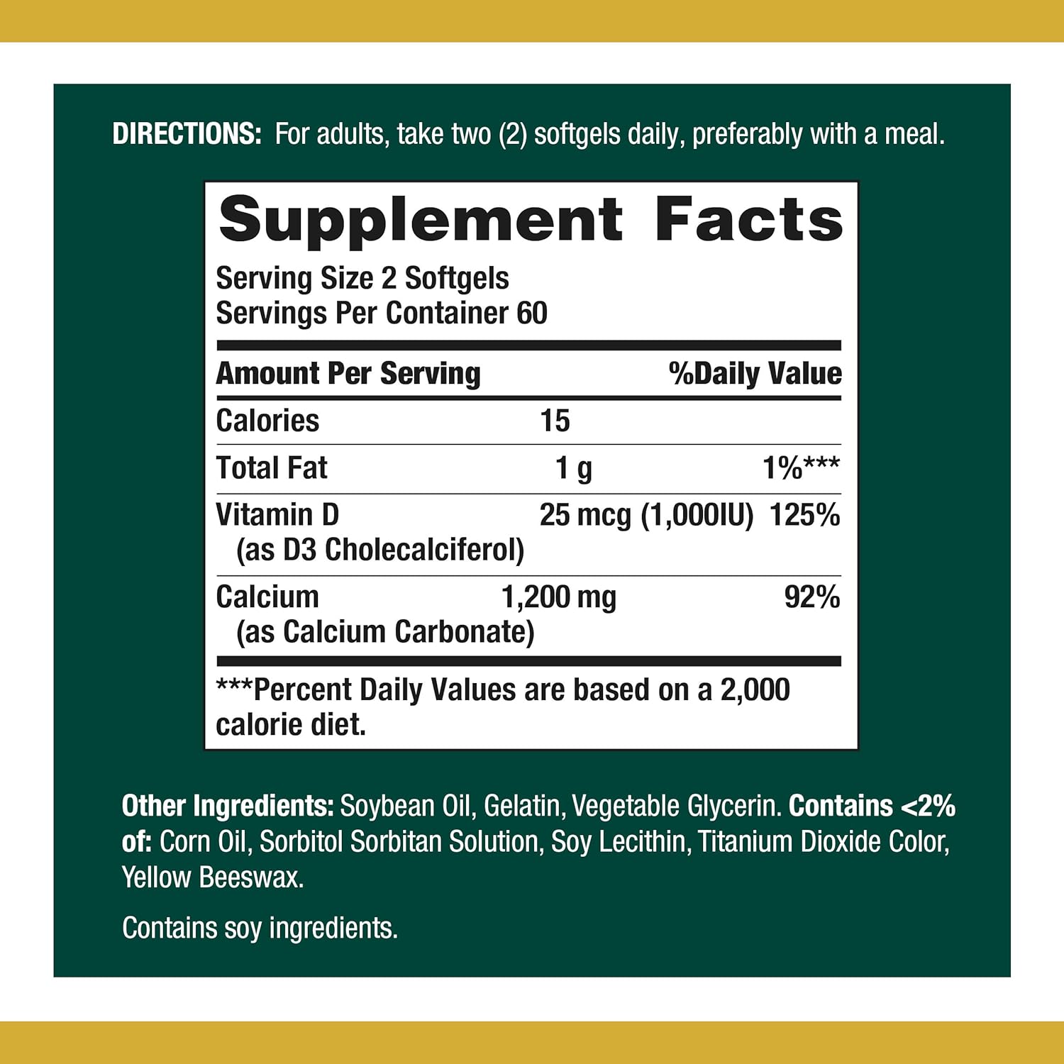 Calcium Carbonate & Vitamin D by Nature's Bounty, Supports Immune Health & Bone Health, 1200mg Calcium & 1000IU Vitamin D3, 120 Softgels: Health & Personal Care