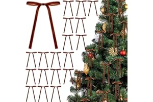 Glitinsel 24 Pcs Velvet Bows Christmas Tree Ornaments Vintage Velvet Ribbon Bows for Tree Garland Wreath Indoor Xmas Decorations(5 x 7 Inch, Width of 3/8",Brown)