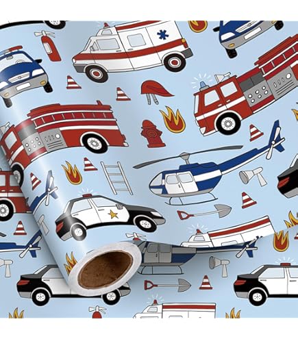 NEPOG Camiones De Bomberos Rojos Y Autos De Policía Sobre Azul Para Niños Y Hombres, Papel De Regalo De Cumpleaños, Diseño De Automóvil, 6 Hojas Plegadas Planas De 20 X 30