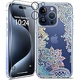 Coolwee Anti Yellowing Clear Glitter for iPhone 15 Pro Max Case Floral, 6.7 inch, 6.6ft Military Grade Protective Cute Mandala Crystal Bling Lace Slim TPU with Camera & Screen Protector