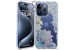 Coolwee Anti Yellowing Clear Glitter for Apple iPhone 15 Pro Max Case Floral, 6.7 inch, 6.6ft Military Grade Protective Cute Mandala Crystal Bling Lace Slim TPU with Camera & Screen Protector