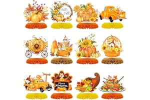 TARKLANDA 12 Pcs Hello Fall Party Decorate,Autumn Thanksgiving Honeycomb Centerpieces Pumpkin Sunflowers Turkey Paper Honeycomb 3D Table Decoration for Thanksgiving Kids Baby Shower Birthday Party Supplies