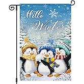 Heyfibro Hello Winter Penguins Garden Flag 12x18 Inch Double Sided Winter Snowflakes Pine Trees Garden Flag Small Yard Flags for Outside House Farmhouse Holiday Decoration