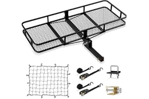 AKHAL-TEKE Hitch Cargo Carrier Basket Combo 60" x 24" x 6" 500 LBS Capacity Vehicle Baskets Fits 2" Receiver with Hitch Stabilizer, Cargo Net and Ratchet Straps